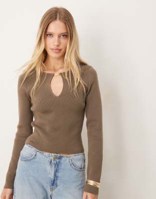 Asos Design Knit Keyhole Structured Top With Metal Detail In Brown