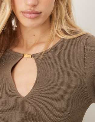 Asos Design Knit Keyhole Structured Top With Metal Detail In Brown