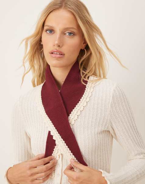 ASOS DESIGN knit lace crochet edge neckerchief in burgundy - view 1
