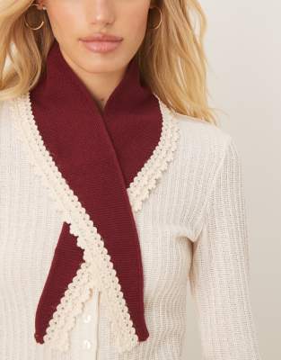 Asos Design Knit Lace Crochet Edge Neckerchief In Red