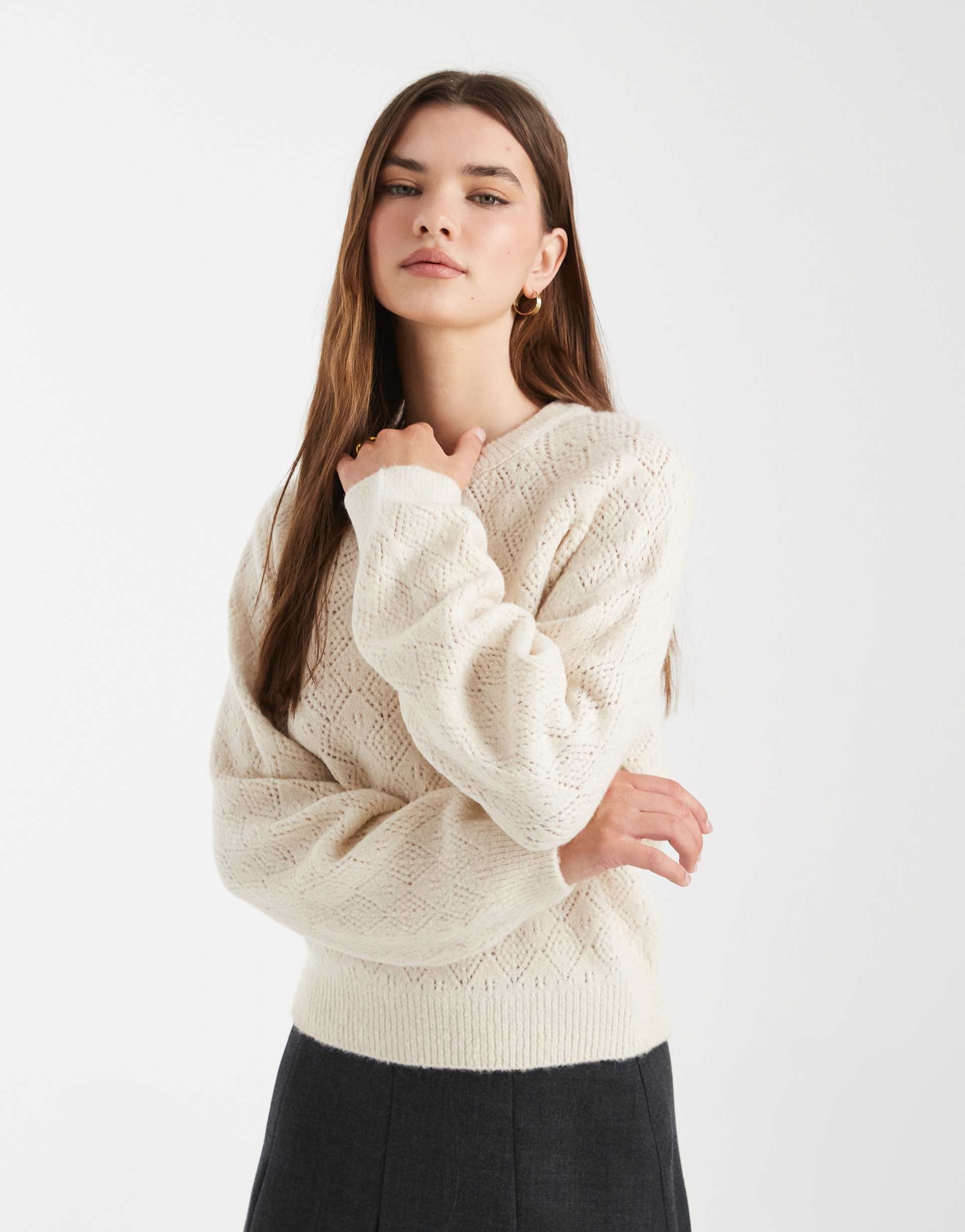 asos design knit lace look sweater in ecru