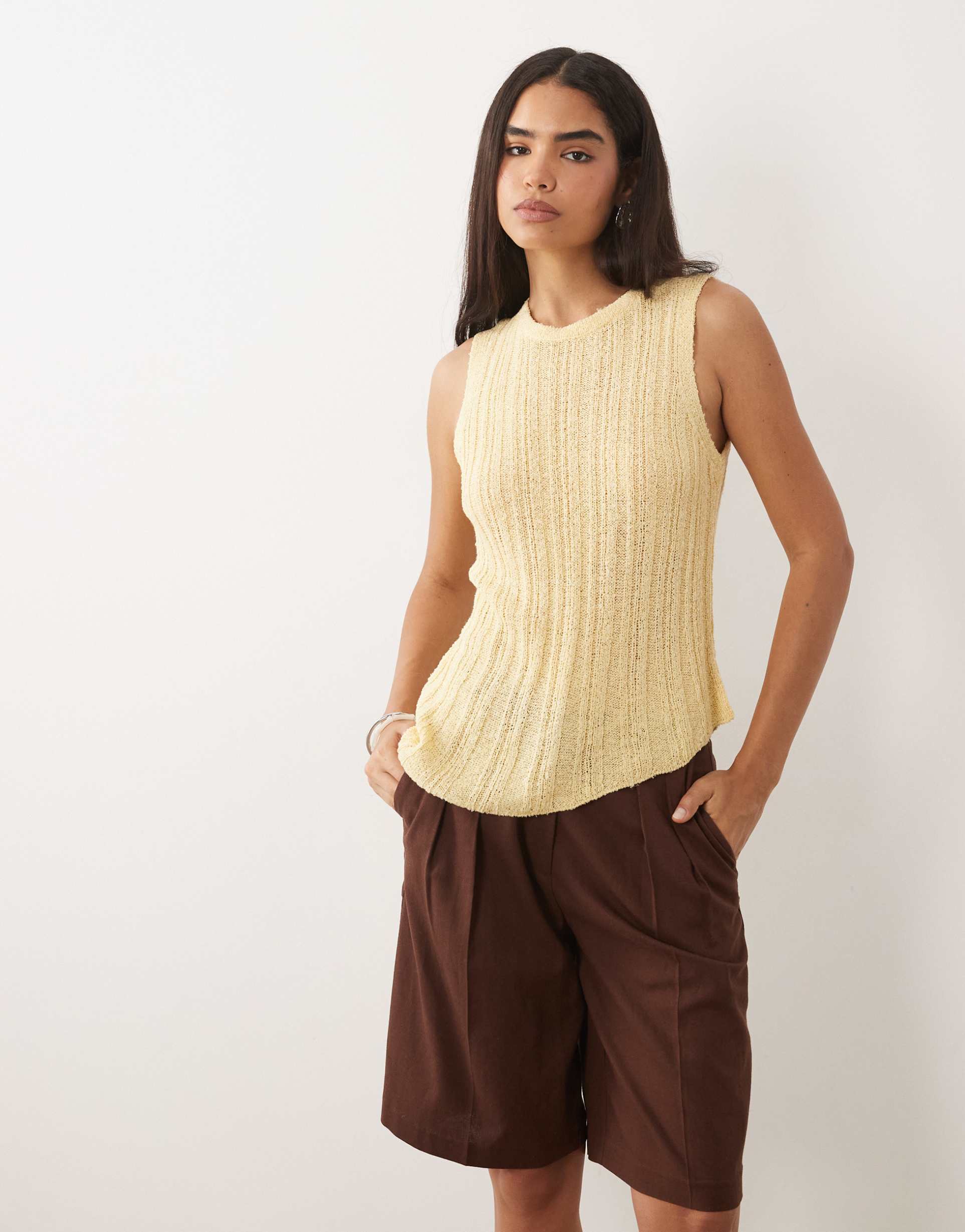 asos design knit ladder stitch asymmetrical top in buttermilk yellow