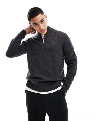 Asos Design Heavyweight 1/4 Zip Rib Sweater With Collar In Charcoal-gray