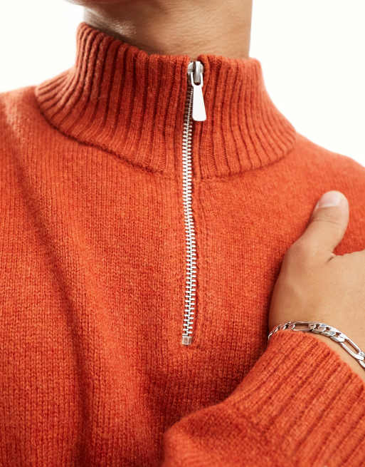 ASOS DESIGN knit lambswool 1 4 zip sweater in orange