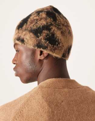 Asos Design Knit Leopard Graphic Skull Beanie In Brown