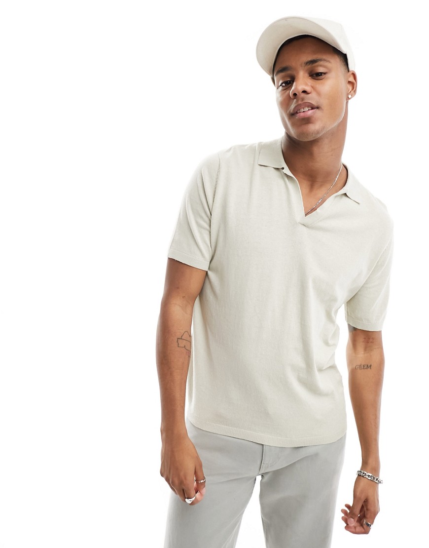 Asos Design Knit Midweight Cotton Notch Neck Polo In Stone-neutral