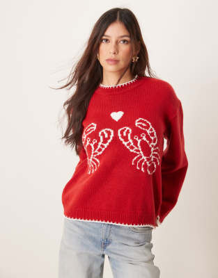 knit lobster sweater with blanket stitch in red