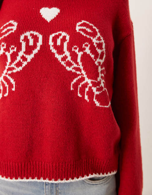 ASOS DESIGN knit lobster sweater with blanket stitch in red