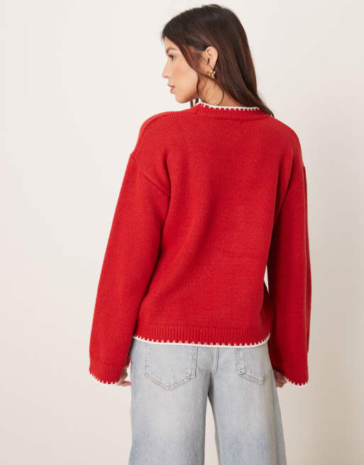 ASOS DESIGN knit lobster sweater with blanket stitch in red