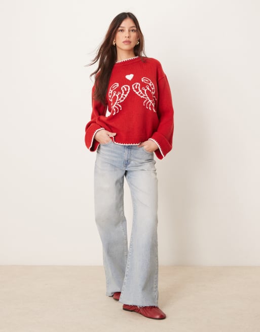 ASOS DESIGN knit lobster sweater with blanket stitch in red