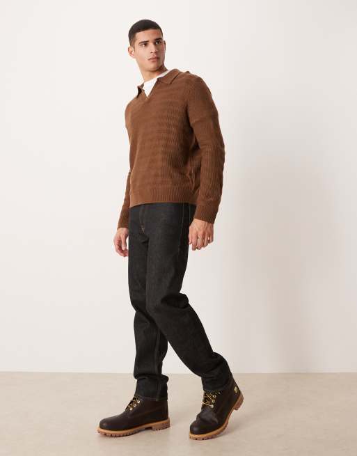 ASOS DESIGN knit long sleeve basket stitch notch neck polo in brown, 2 of 5