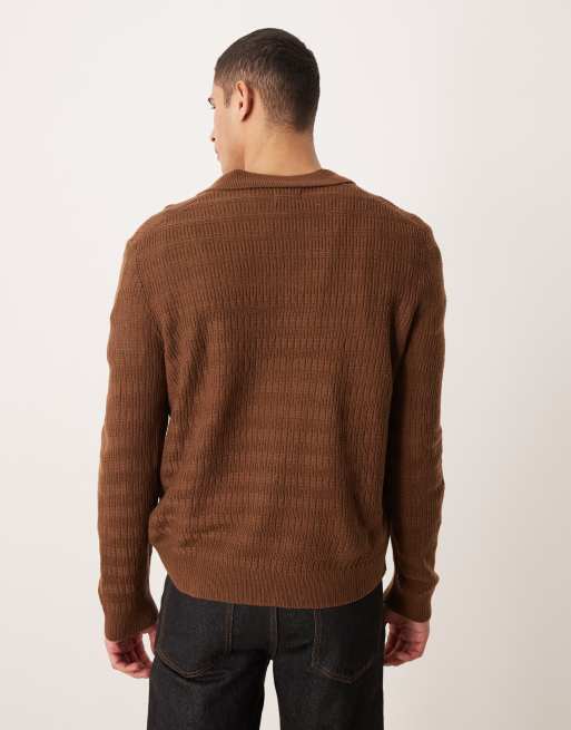 ASOS DESIGN knit long sleeve basket stitch notch neck polo in brown, 3 of 5