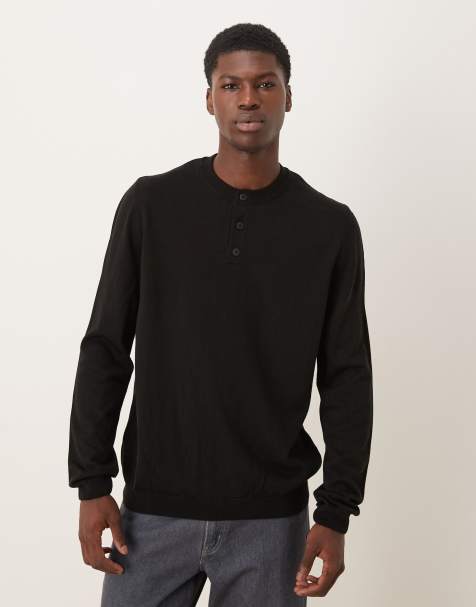 ASOS DESIGN knit long sleeve henley neck T-shirt in black - view 1