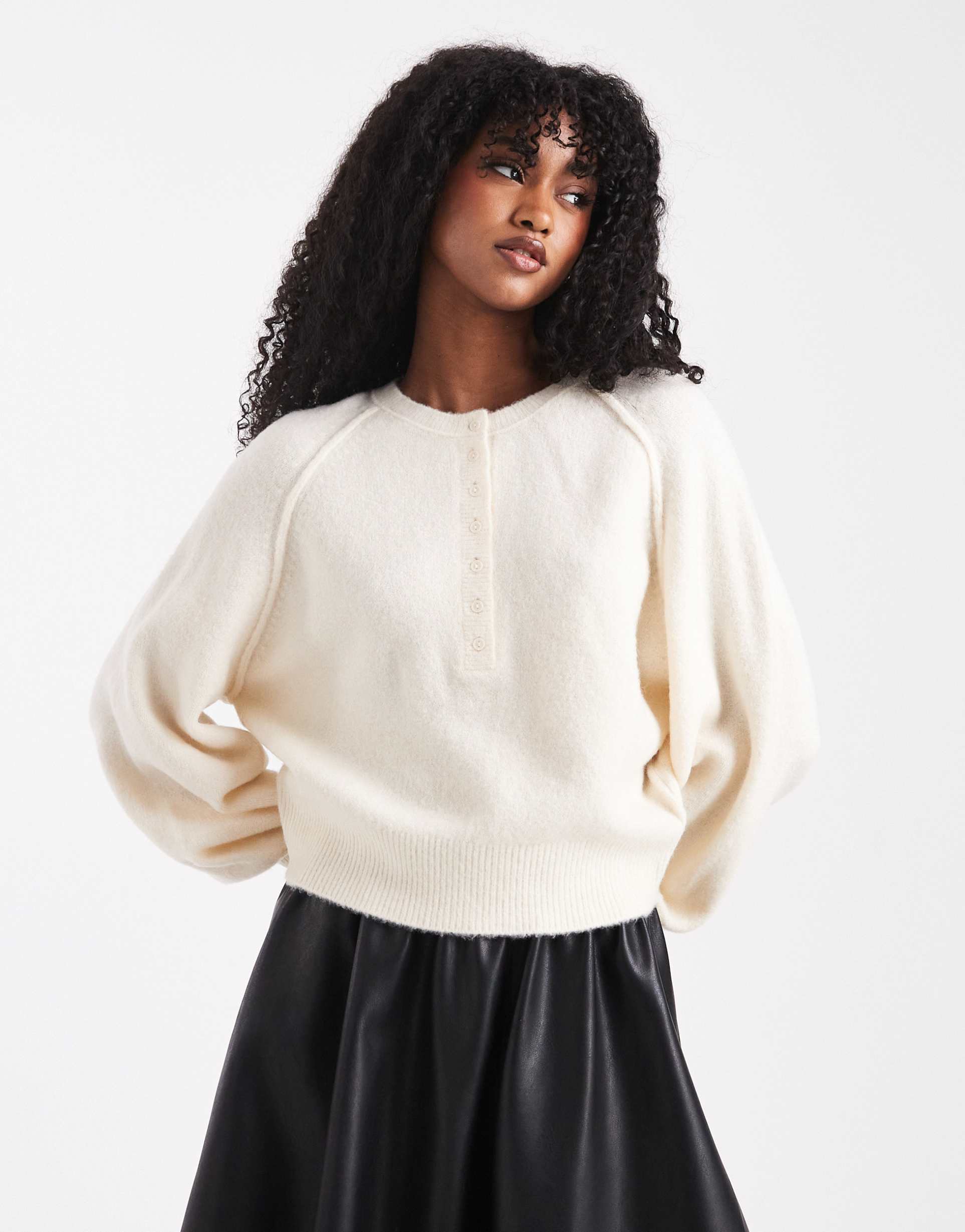 asos design knit long sleeve henley sweater in cream