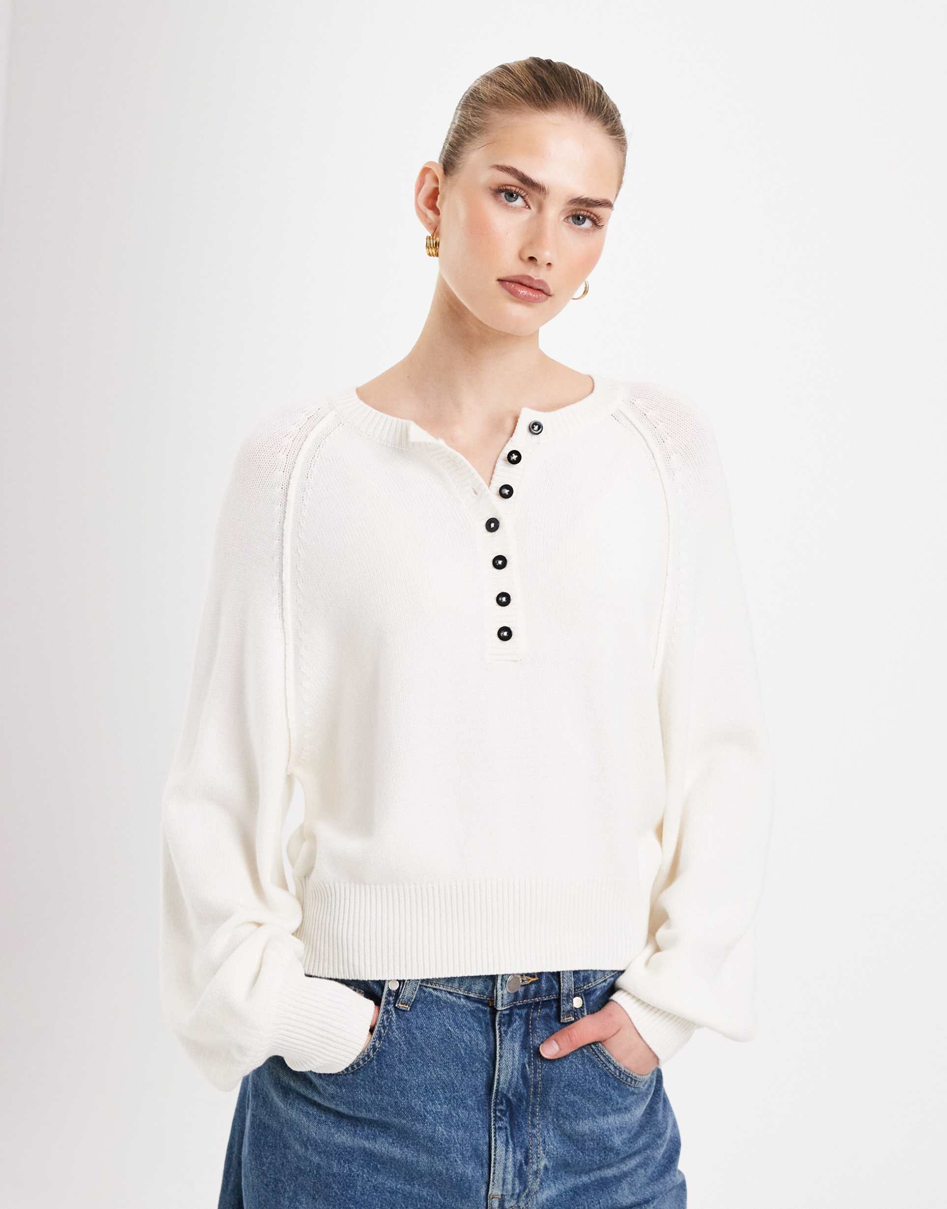 asos design knit long sleeve henley sweater with contrast buttons in cream