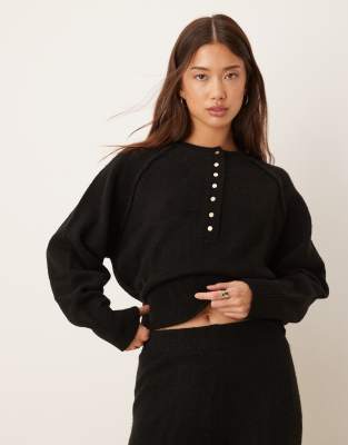 Asos Design Knit Long Sleeve Henley Sweater With Gold Buttons In Black