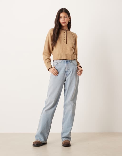 ASOS DESIGN knit long sleeve henley sweater with tipping in beige, 2 of 4