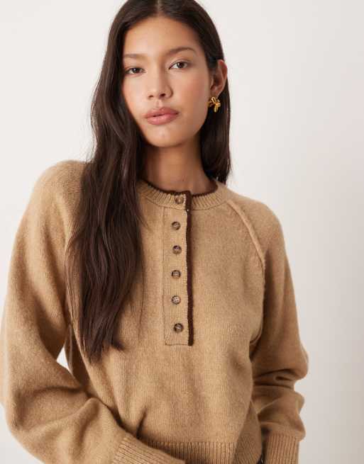 ASOS DESIGN knit long sleeve henley sweater with tipping in beige, 3 of 4