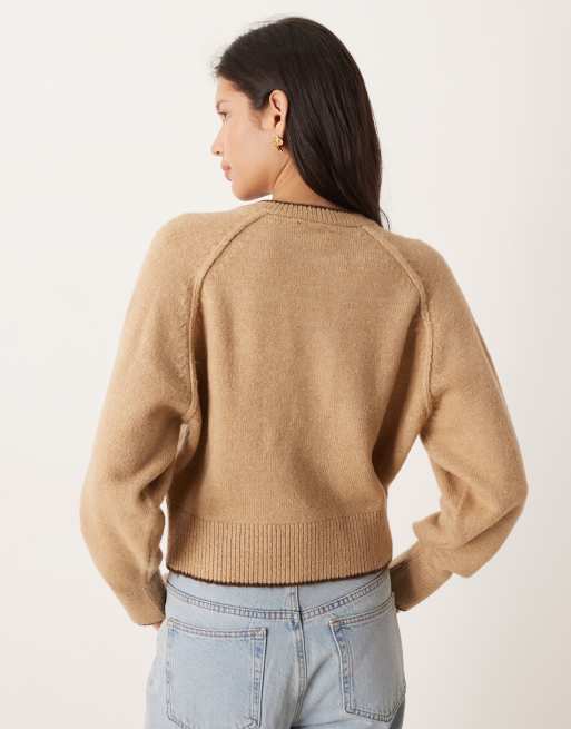 ASOS DESIGN knit long sleeve henley sweater with tipping in beige, 4 of 4