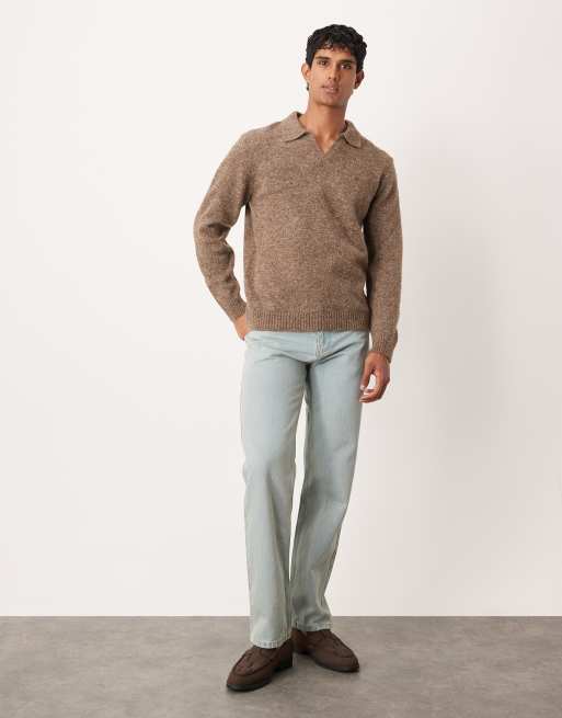 ASOS DESIGN knit long sleeve notch neck polo shirt in brown