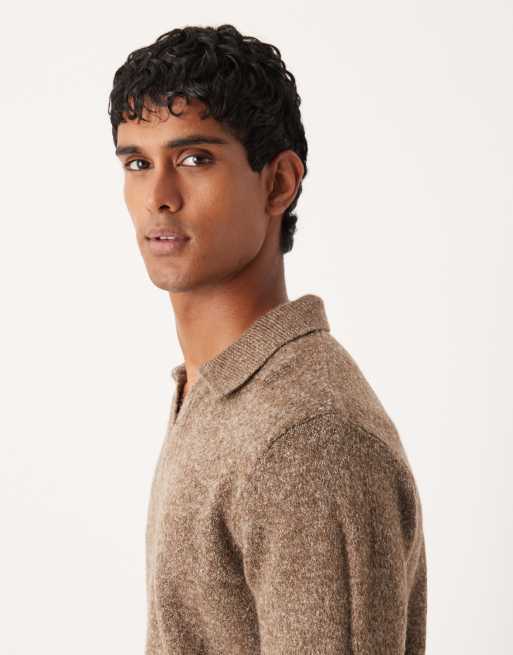 ASOS DESIGN knit long sleeve notch neck polo shirt in brown