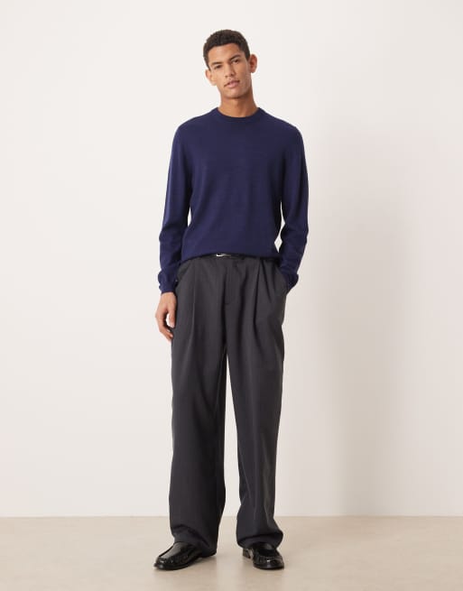 ASOS DESIGN knit long sleeve pure merino wool crew neck t-shirt in navy, 2 of 5