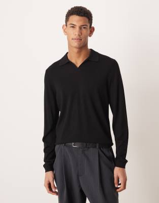 Asos Design Knit Long Sleeve Pure Merino Wool Notch Neck Polo Shirt In Black