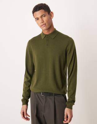 Asos Design Knit Long Sleeve Pure Merino Wool Polo In Green