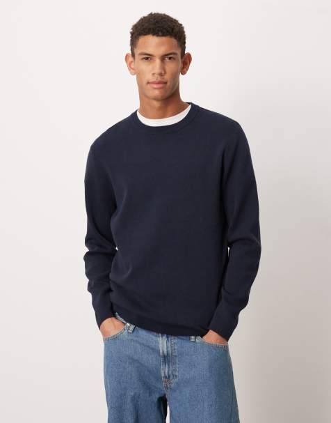 ASOS DESIGN knit long sleeve ribbed T-shirt in navy cotton blend - view 1