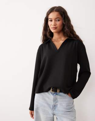 Asos Design Knit Long Sleeve Rugby Collar Top In Black
