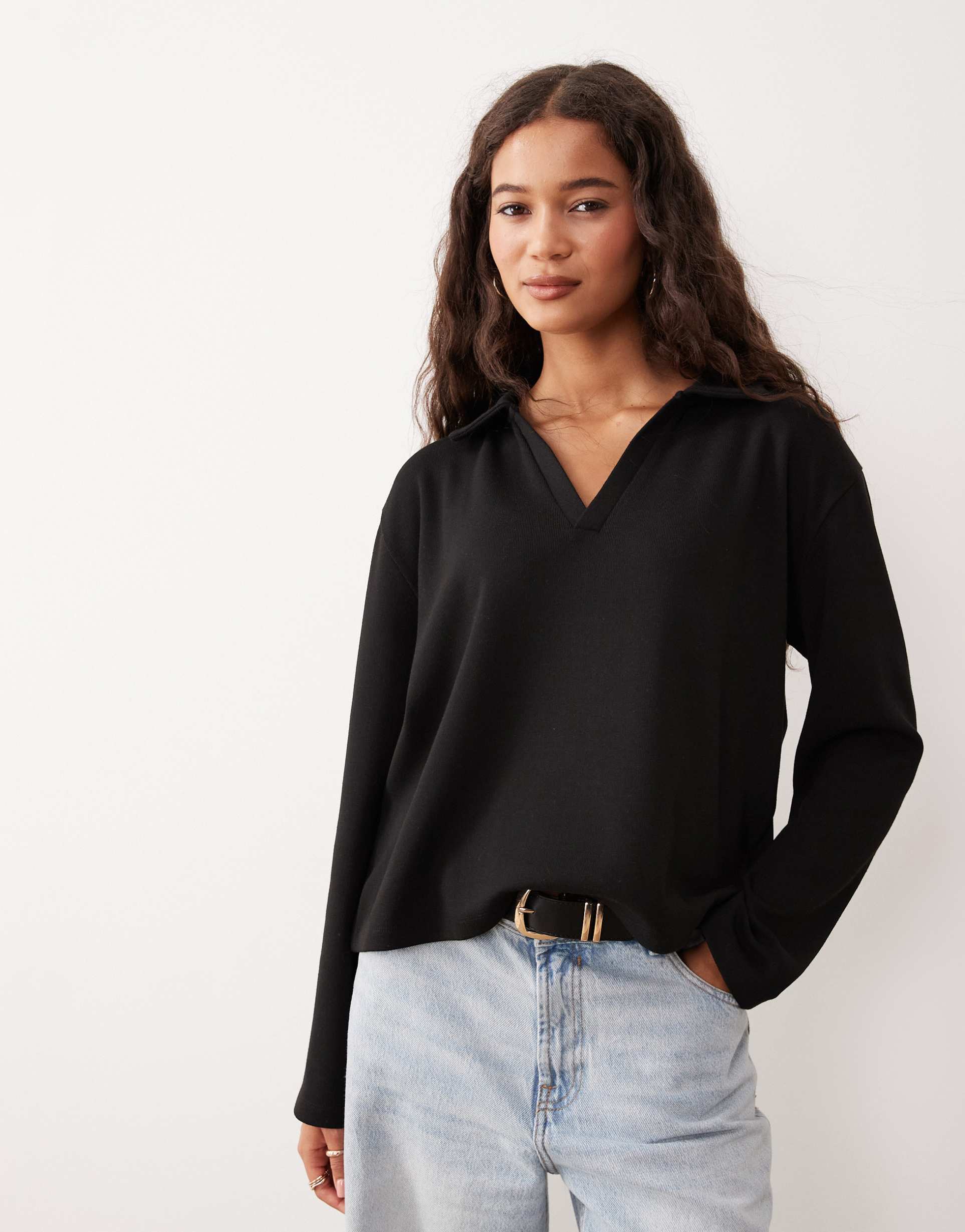 asos design knit long sleeve rugby collar top in black