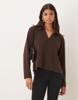 Asos Design Knit Long Sleeve Rugby Collar Top In Brown