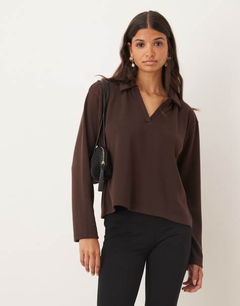 ASOS DESIGN knit long sleeve rugby collar top in chocolate - view 1