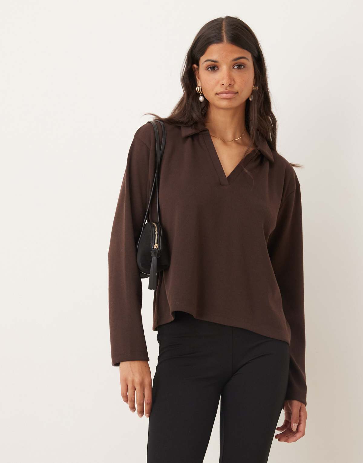 ASOS DESIGN knit long sleeve rugby collar top in chocolate