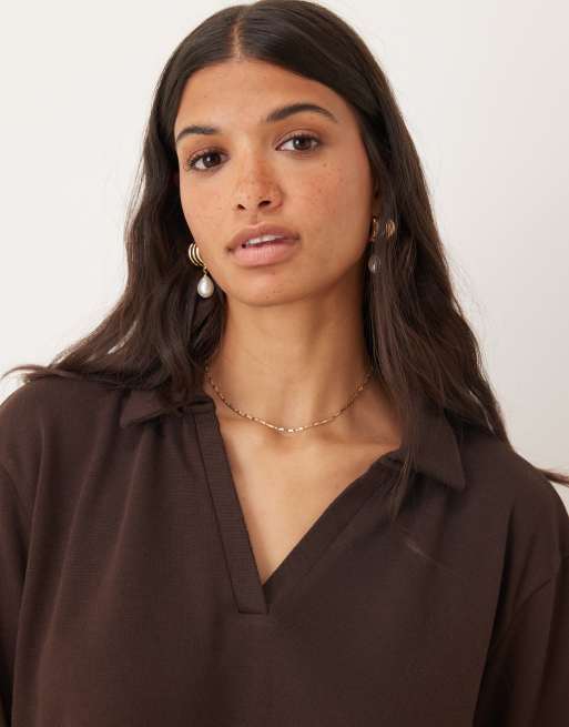 ASOS DESIGN knit long sleeve rugby collar top in chocolate
