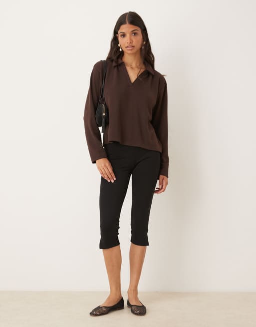 ASOS DESIGN knit long sleeve rugby collar top in chocolate