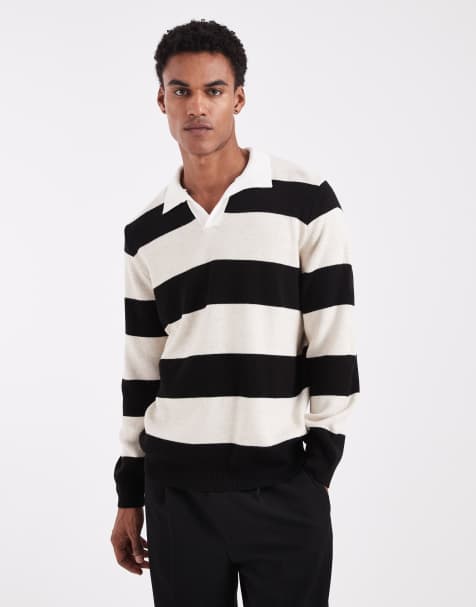 ASOS DESIGN knit long sleeve rugby polo in black and ecru stripe - view 1