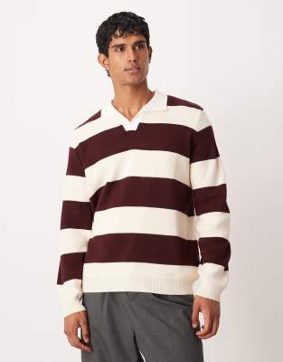 Asos Design Knit Long Sleeve Rugby Polo In Brown
