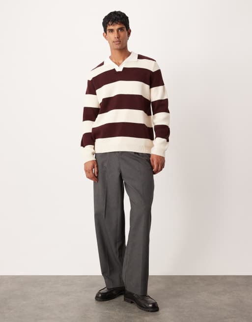ASOS DESIGN knit long sleeve rugby polo in burgundy stripes