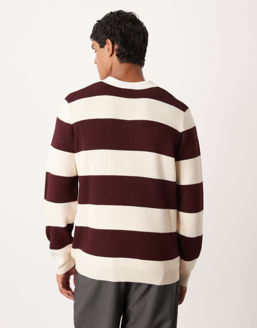 ASOS DESIGN knit long sleeve rugby polo in burgundy stripes