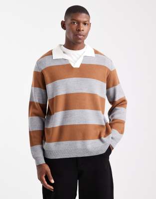 Asos Design Knit Long Sleeve Rugby Polo In Multi