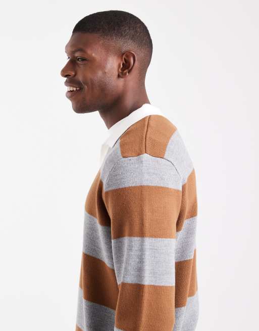 ASOS DESIGN knit long sleeve rugby polo in tan and gray stripe, 4 of 5