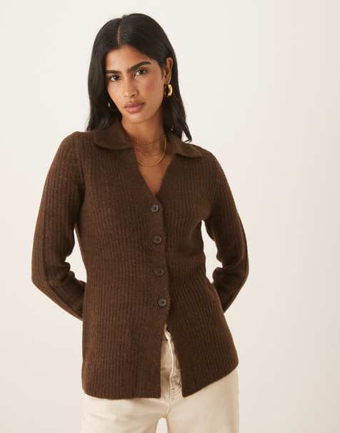 ASOS DESIGN knit longline fitted shirt in chocolate - view 1