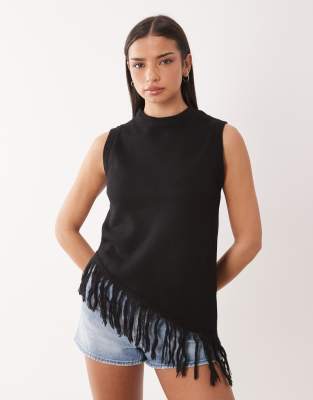 Asos Design Knit Longline Fringe Tank In Black