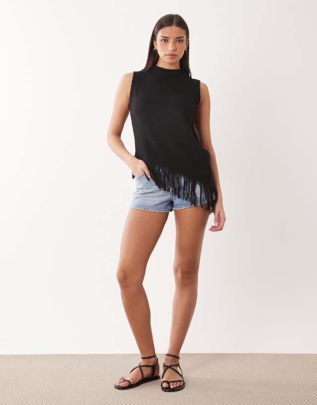 ASOS DESIGN knit longline fringe tank in black | ASOS