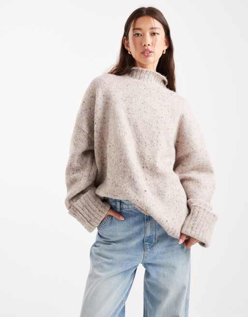 ASOS DESIGN knit longline funnel neck sweater in multiply oatmeal