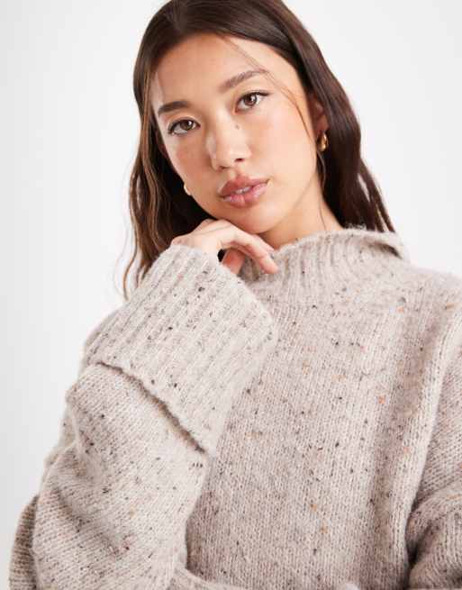 ASOS DESIGN knit longline funnel neck sweater in multiply oatmeal