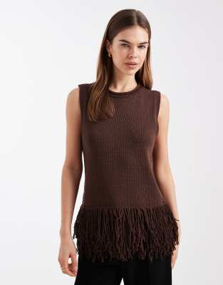 Asos Design Knit Longline Top With Fringe In Brown
