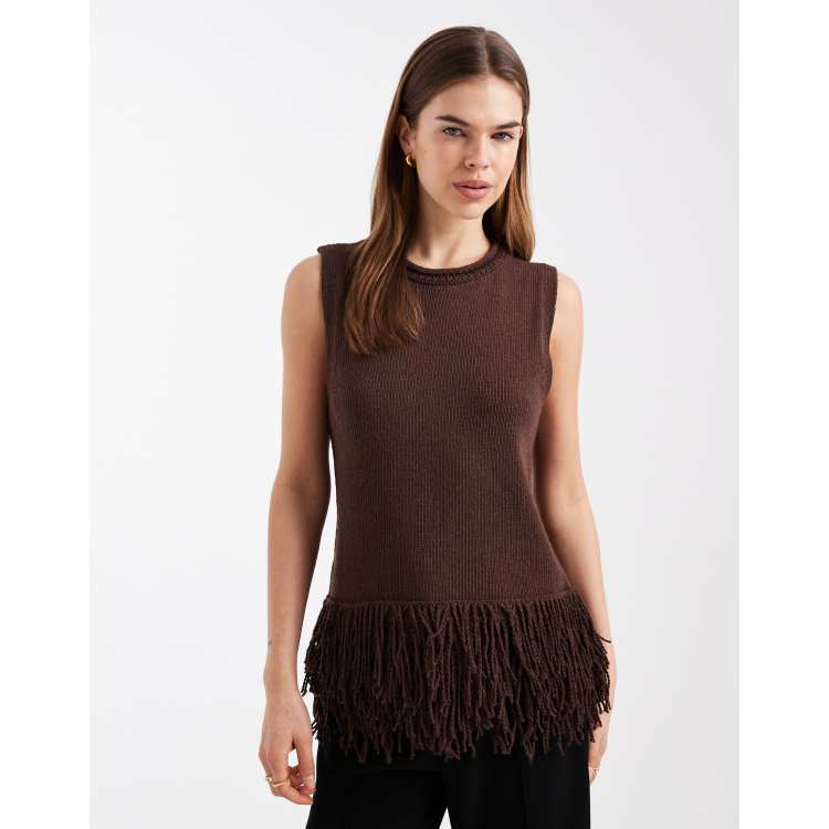 ASOS DESIGN knit longline top with fringe in brown | ASOS