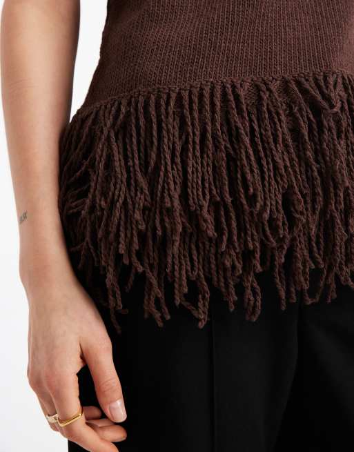 ASOS DESIGN knit longline top with fringe in brown | ASOS